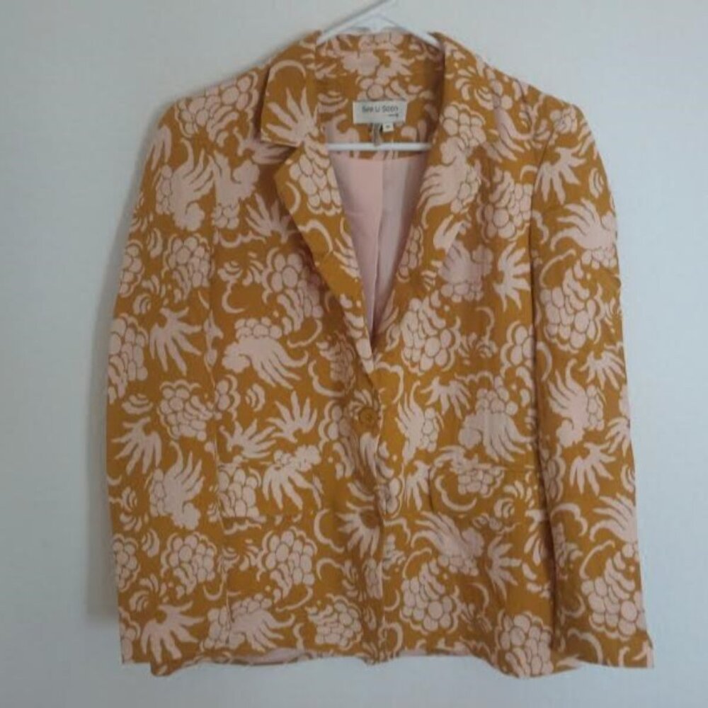 ANTHROPOLOGIE SEE U SOON WOMEN'S BLAZER MUSTARD PRINT LONG SLEEVE SIZE SMALL